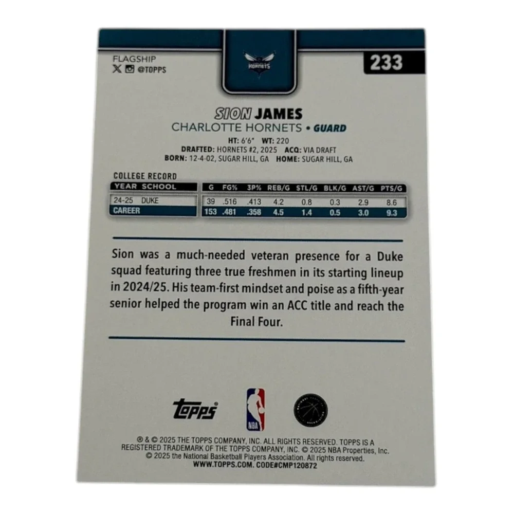 2025 Topps Basketball Sion‎ James RC Purple Crackle /250 Charlotte Hornets #233